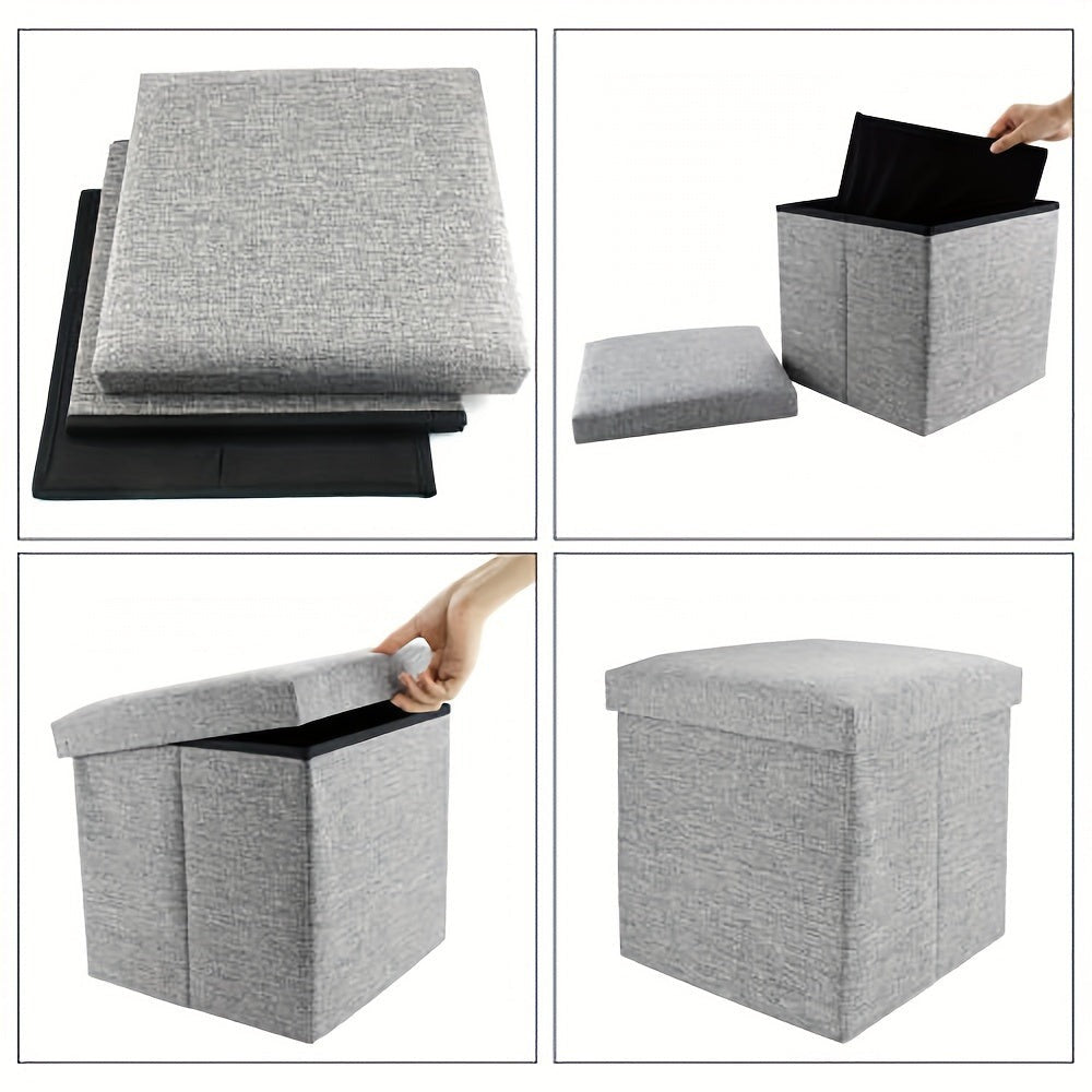 Grey Cotton Linen Storage Ottoman Stool | Foldable Toy & Clothes Organiser | Living Room Bedroom Study Footrest Seat | Fabric Storage Box with Lid