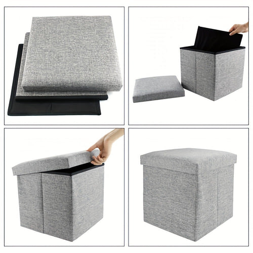 Grey Cotton Linen Storage Ottoman Stool | Foldable Toy & Clothes Organiser | Living Room Bedroom Study Footrest Seat | Fabric Storage Box with Lid