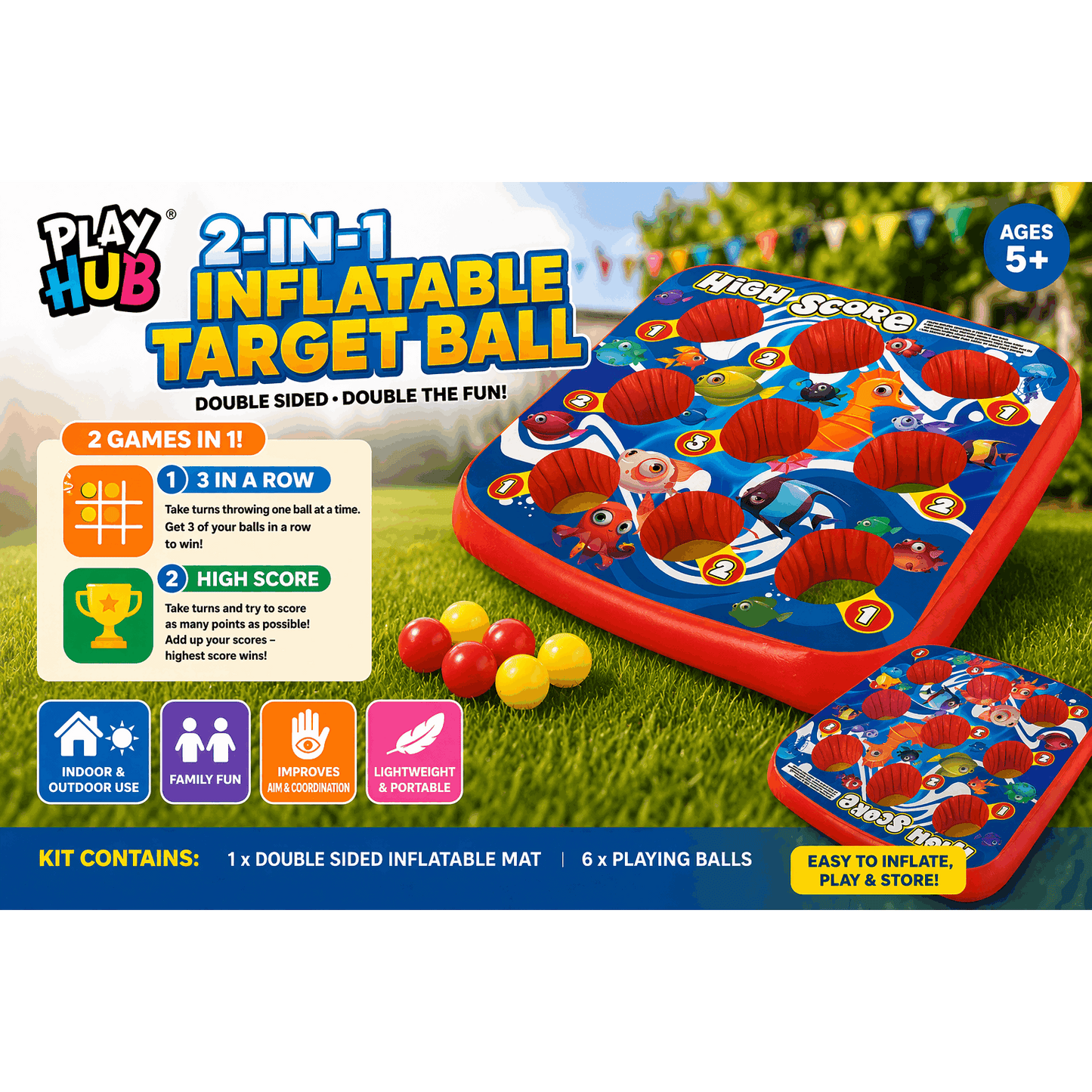 Inflatable Target Ball Game for Kids 2 in 1 – Double-Sided Toss Game with 6 Balls – Indoor & Outdoor Garden Fun Toy Ages 5+