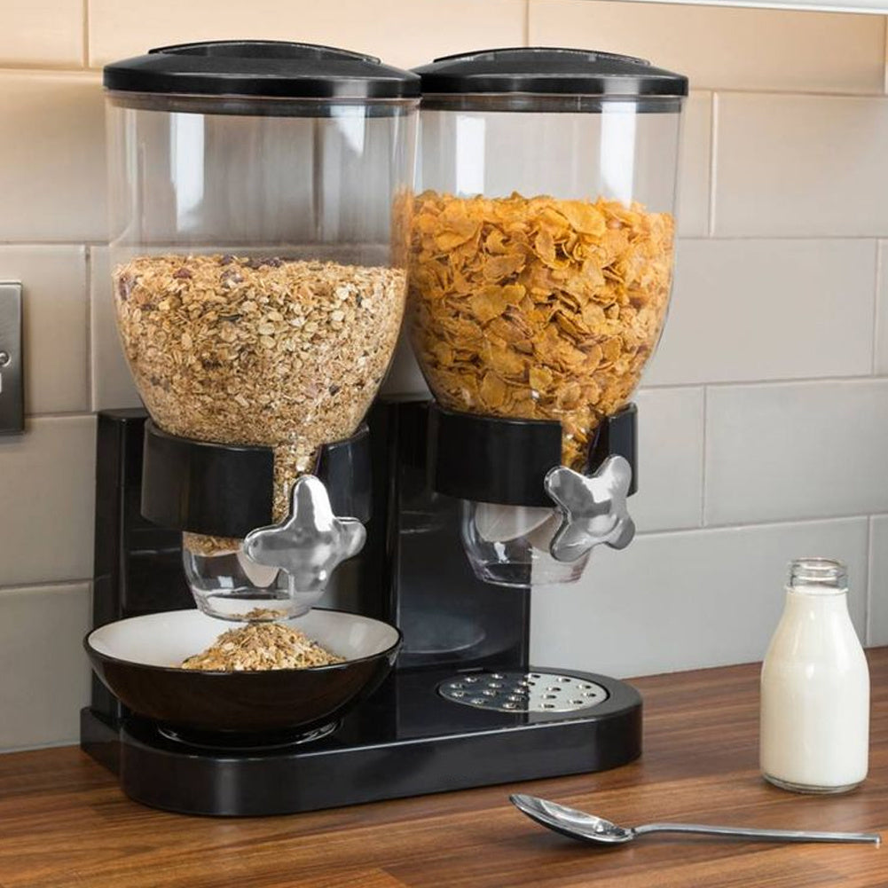 Black Plastic Dual-Chamber Grain Dispenser, Kitchen Oats and Snacks Storage Container, Breakfast Cereal Dispenser, 4L Large Capacity
