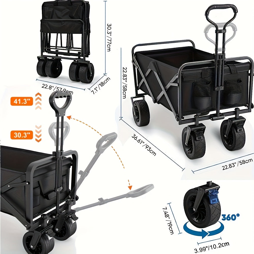 Heavy-Duty 249.48KG Capacity Collapsible Foldable Wagon Cart with All-Terrain Wheels, Stainless Steel Frame & Adjustable Handle - Large Capacity Utility Trolley for Camping, Beach, Gardening, Shopping - Perfect Mother’s Day Gift (Black), Garden Tool Carri