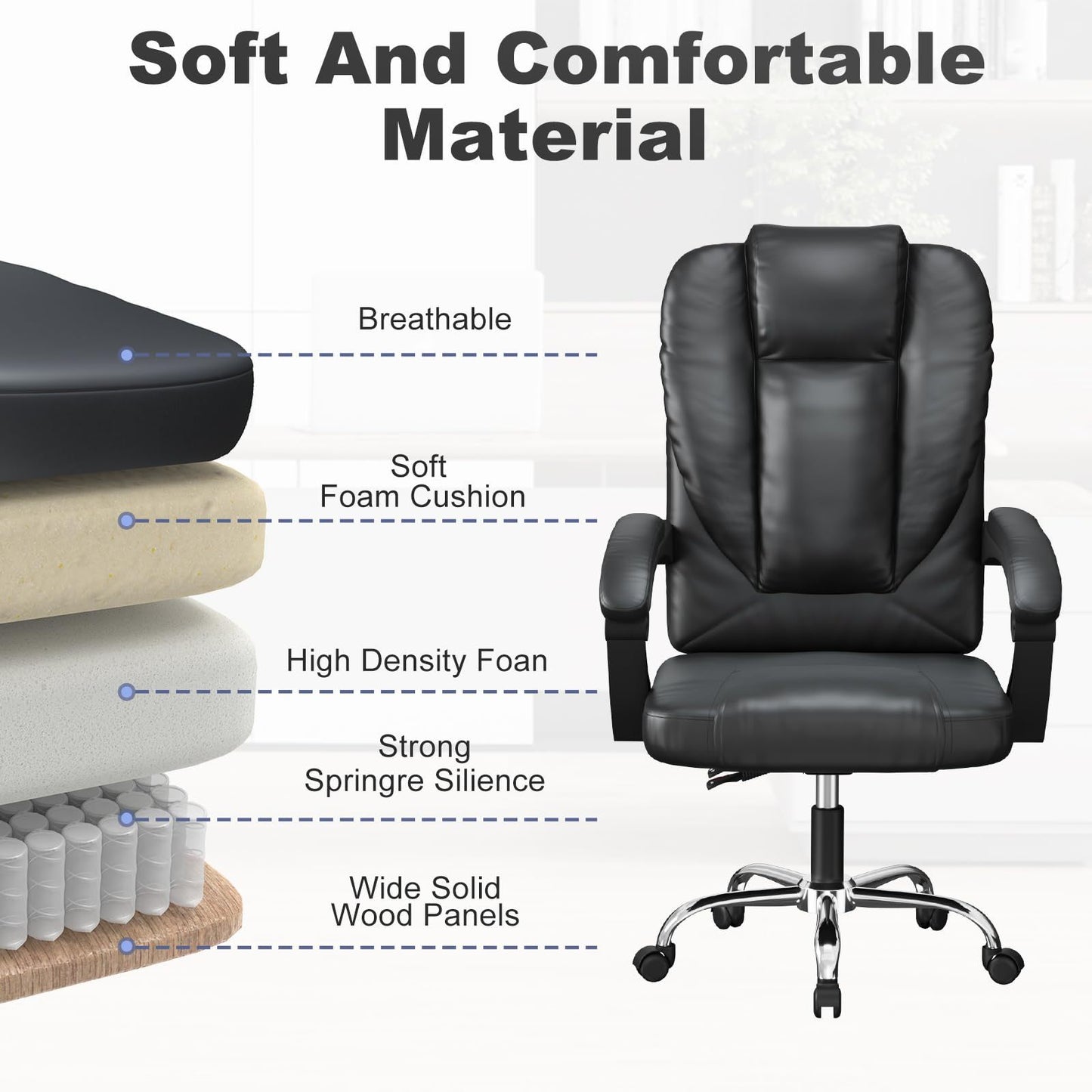 GartistGo Executive Ergonomic Office Desk Chair, PU Leather Inflatable Backrest Computer Recliner, Heavy Duty Office Chairs with Tilt Function, High Back Swivel Chair-Black Chairs