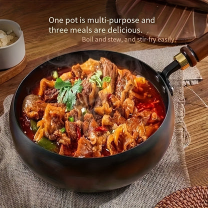 Professional Handmade Cast Iron Dutch Wok - Uncoated, Wooden Lid, Multi-Purpose Wok, Frying Pan Stock Pot Anti-Splatter Oven & All Stove Compatible Durable, Even Heating for Healthy