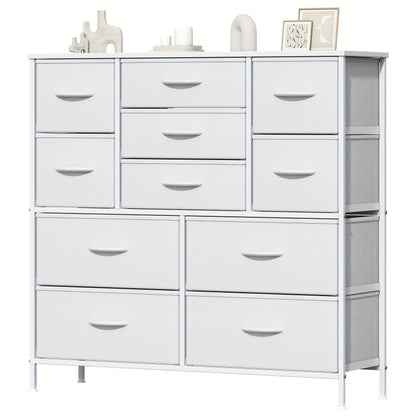 Large 11-Drawer Dresser with Sturdy Metal Frame & MDF Wood Top - Tall Fabric Storage Cabinet with Anti-Tip Design, Adjustable Legs, 68.58cm+ Height, 3.2 Cu Ft Capacity, Black Classic Modern Dresser for Bedroom, Living Room, Office - Easy Assembly, Space-S