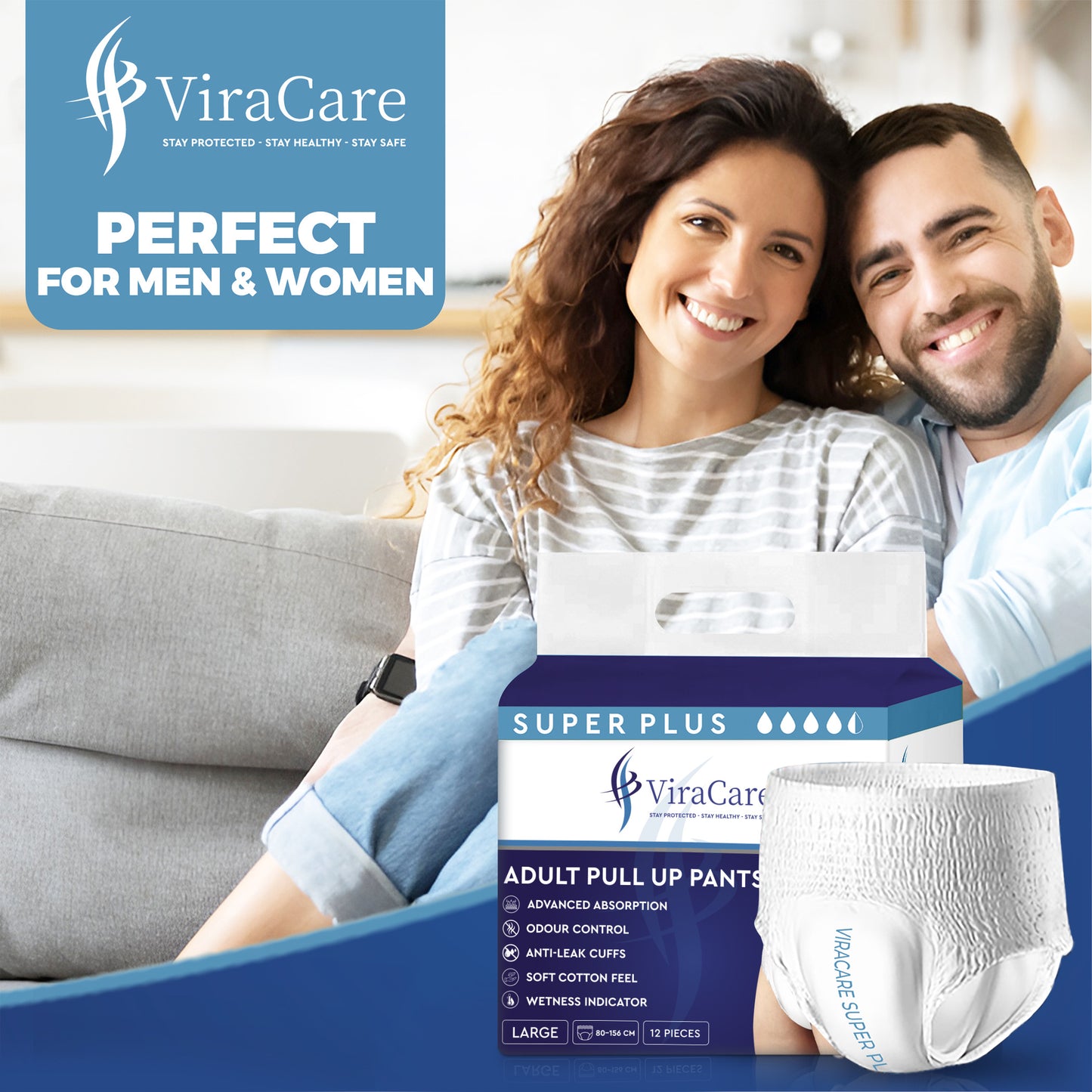 12 x Super Plus Absorbent Pants Women & Men | Adults Nappies | Advanced Absorption and Soft-Stretch Waistband | Adults Pull Up Pants | Waist Size Medium 65-135 cm | (1 Pack of 12)
