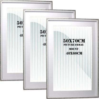 MDF Picture Frames, 50x70cm Set of 3 with Acid-Free Mount for 40x60cm, Available Colors: Black, White, Natural Wood
