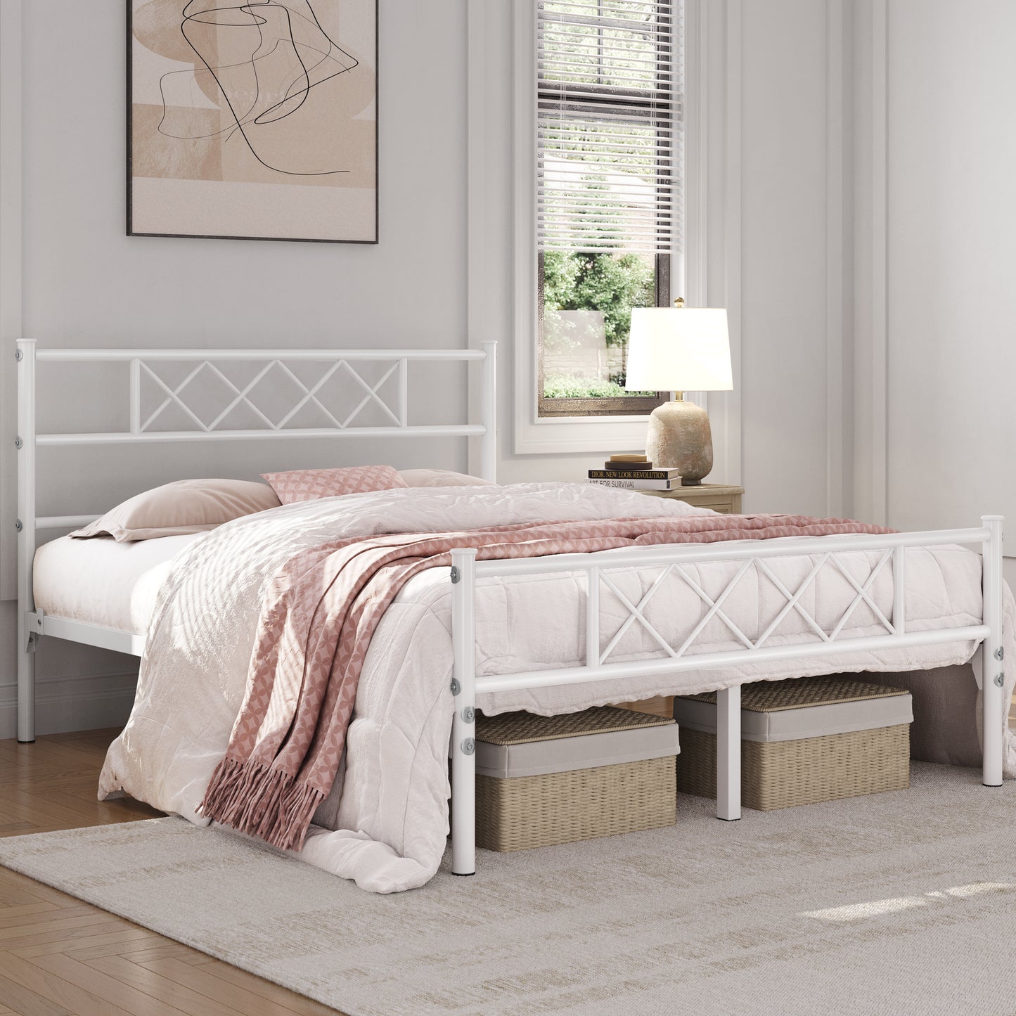 Costoffs Metal Bed Frame Metal-Framed Bed Base with Storage, Bed Foundation for Small Space, Easy Assembly Bed Foundation with Cross-design Headboard and Footboard for Bedrooms, Single/Double/king, Black/White/Pink