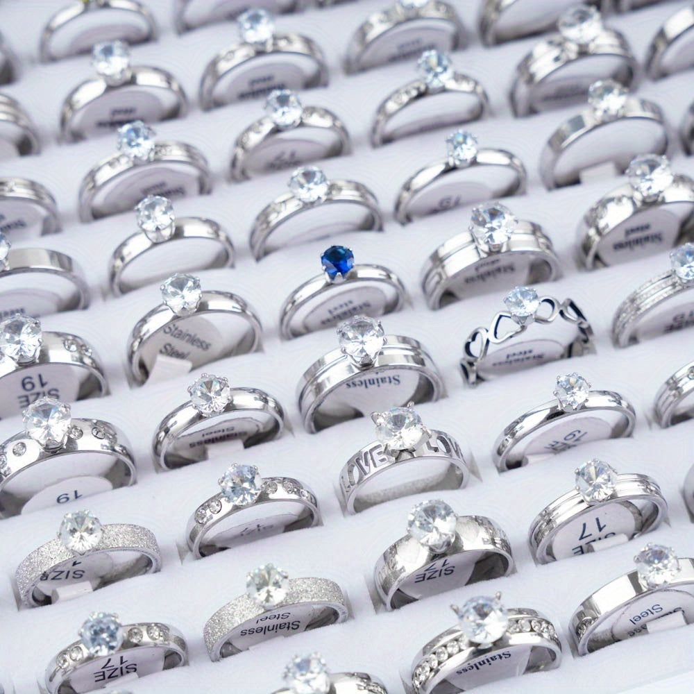 20 Fashionable Classic Rhinestone Stainless Steel Rings for Women and Men, Simple Shiny Colorful Finger Jewelry, Wedding Party Gift