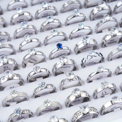 20 Fashionable Classic Rhinestone Stainless Steel Rings for Women and Men, Simple Shiny Colorful Finger Jewelry, Wedding Party Gift