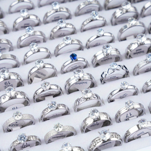 20 Fashionable Classic Rhinestone Stainless Steel Rings for Women and Men, Simple Shiny Colorful Finger Jewelry, Wedding Party Gift