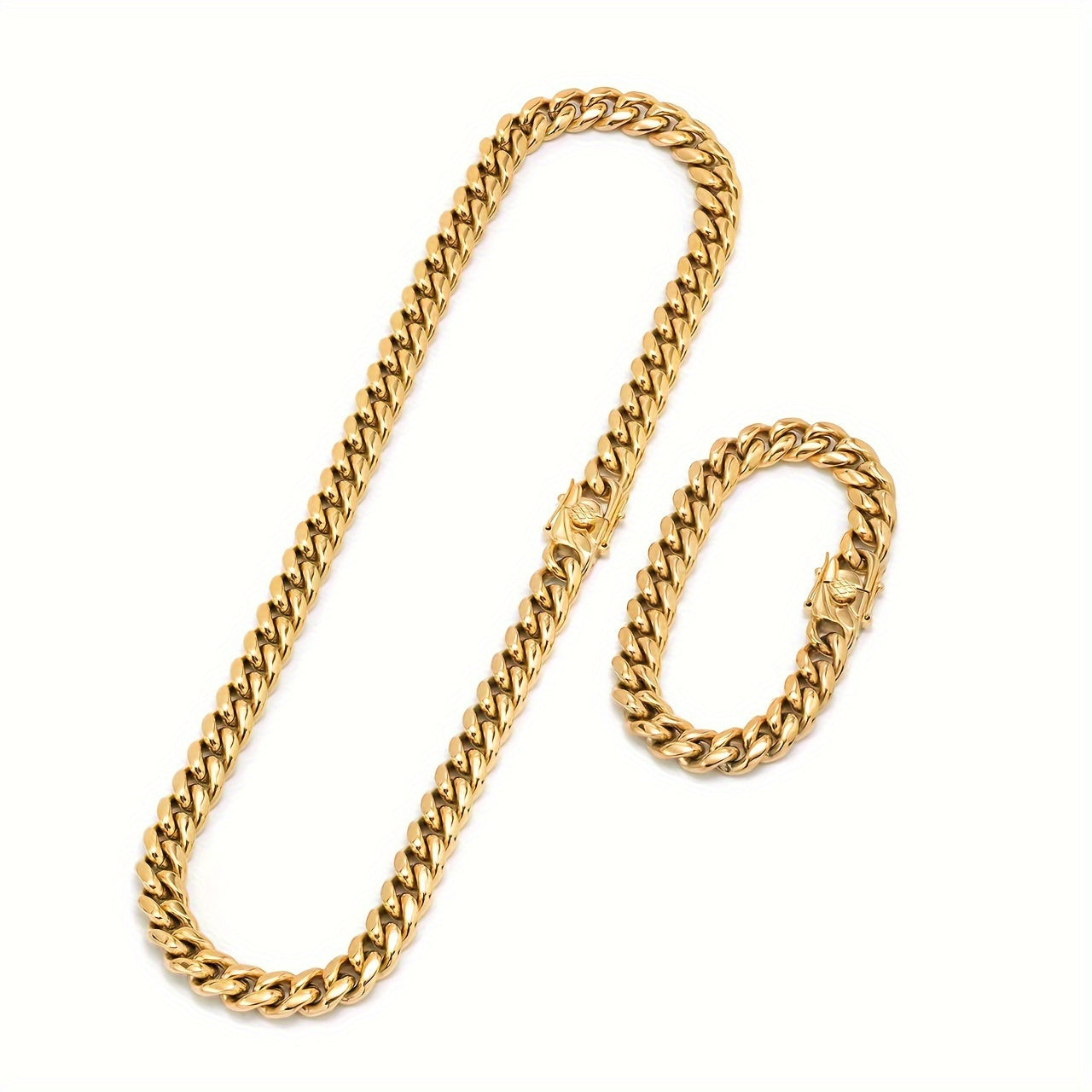 304L 304L Stainless Steel Artificial Round Polished Surface Plated 18K Gold Plated Width 10Mm Golden Cuban Bracelet 'Necklace' Suitable for Men And Women Hip Hop Fashion Accessory Jewelry
