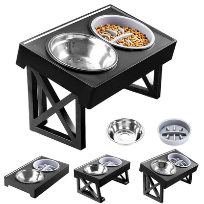Elevated Dog Bowl Stand Height-Adjustable – Raised Feeder with Stainless Steel & PP Bowls for Small, Medium & Large Dogs, Anti-Slip Feeding Station, 45x26x27.5cm, Black