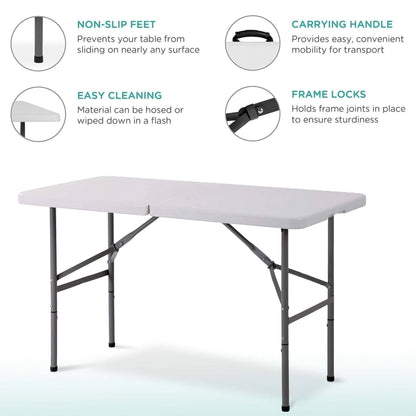 Portable Dining 4 Feet Garden Table, Foldable 4ft Trestle Catering Heavy Duty Folding Tables, Indoor & Outdoor Multi-Purpose Picnic BBQ Party Table, White