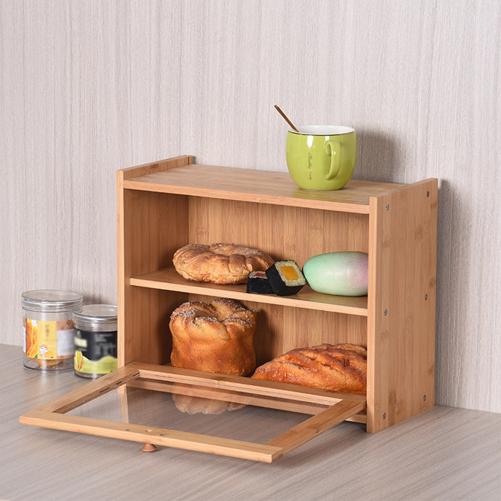 Double Layer Bread Box Bamboo Breadbox Clear Window Bread Holder Storage Bins Organizer Storage Box for Kitchen Countertop, 15.75*6.69*12.20 inch