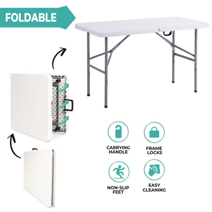 Folding Table 4ft Portable Garden Dining Catering Trestle Table Heavy Duty HDPE Top Steel Frame Indoor Outdoor Picnic BBQ Party White UK