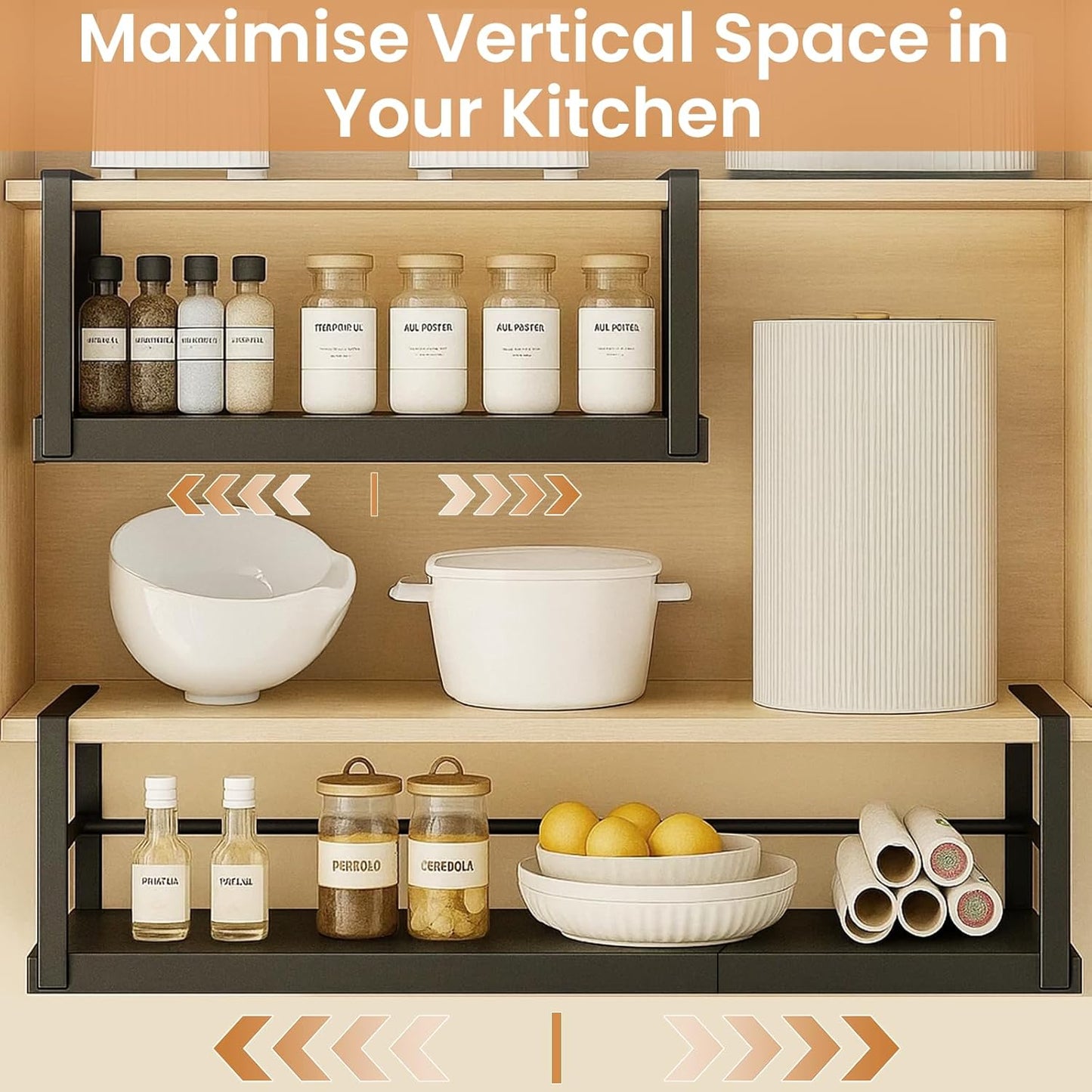 Expandable Under Cabinet Storage Shelf 45–63cm, Adjustable Metal Hanging Organizer Rack for Kitchen, Pantry & Bathroom