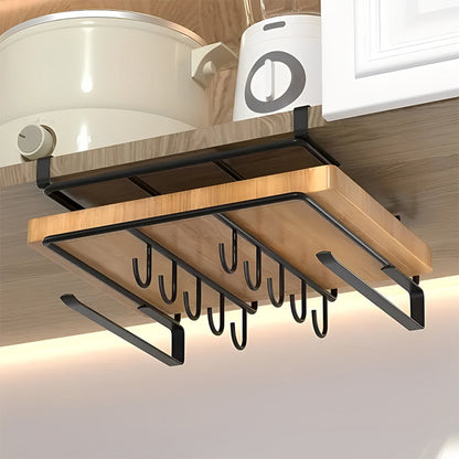 Under Cabinet Storage Rack with Hooks – No-Drill Carbon Steel Kitchen Hanging Shelf for Cutting Boards, Cups, Cloths & Kitchen Utensils, Black
