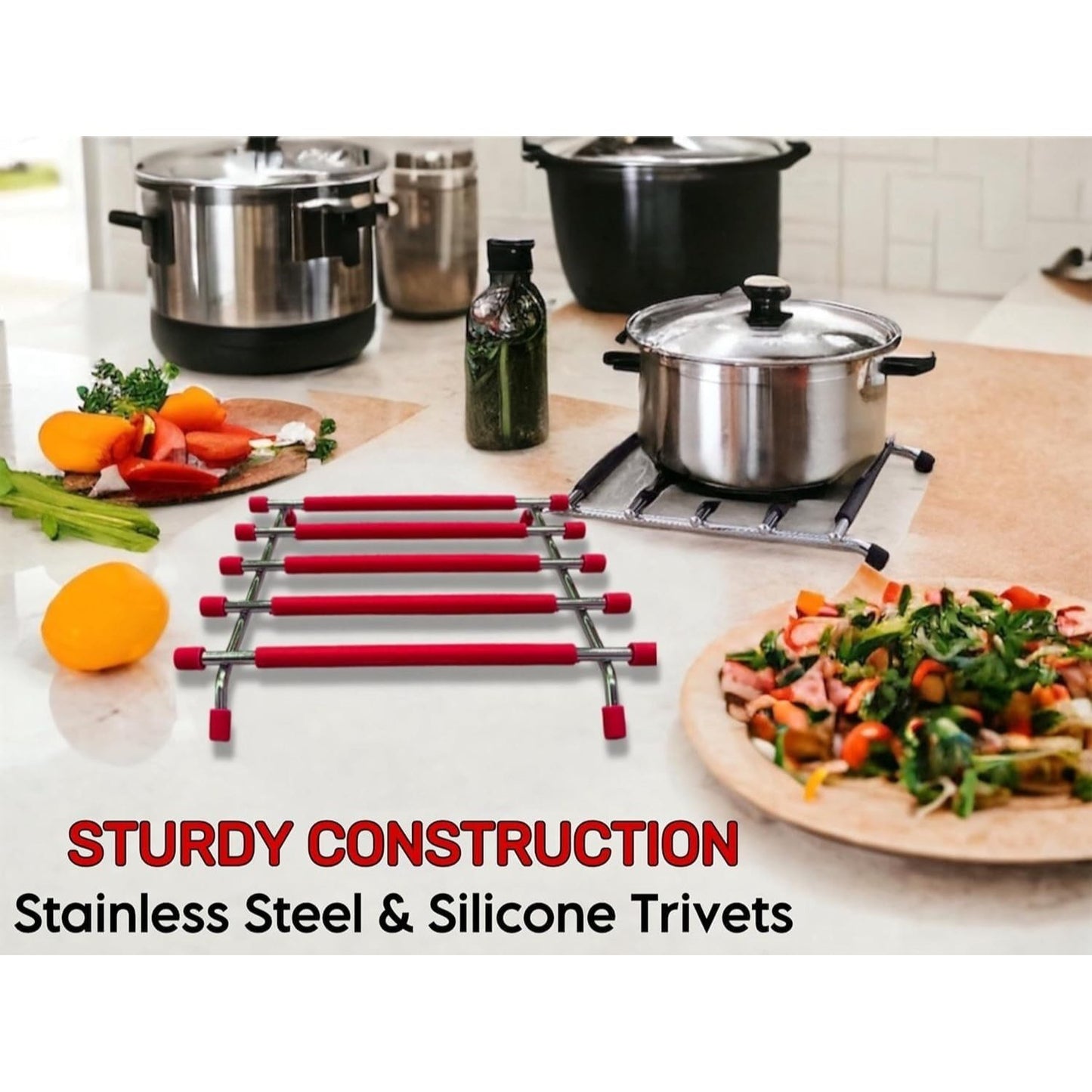 2pack Kitchen Trivet Stand with Anti Slip Base Stainless Steel Trivets for Kitchen Worktops, Hot Pans, Hot Trays & Plates Stand Heatproof Kitchen Accessories Table Mats Placemats (Black (pack of 2))