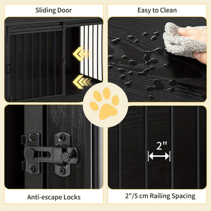 Dog Crate Furniture, 100.08cm Double Door Dog Crate with Barn Door, Dog Kennel Indoor, End Side Table Wooden Dog Crate for Small Medium Large Dog, Anti-Chew Anti-Escape, Greige, White