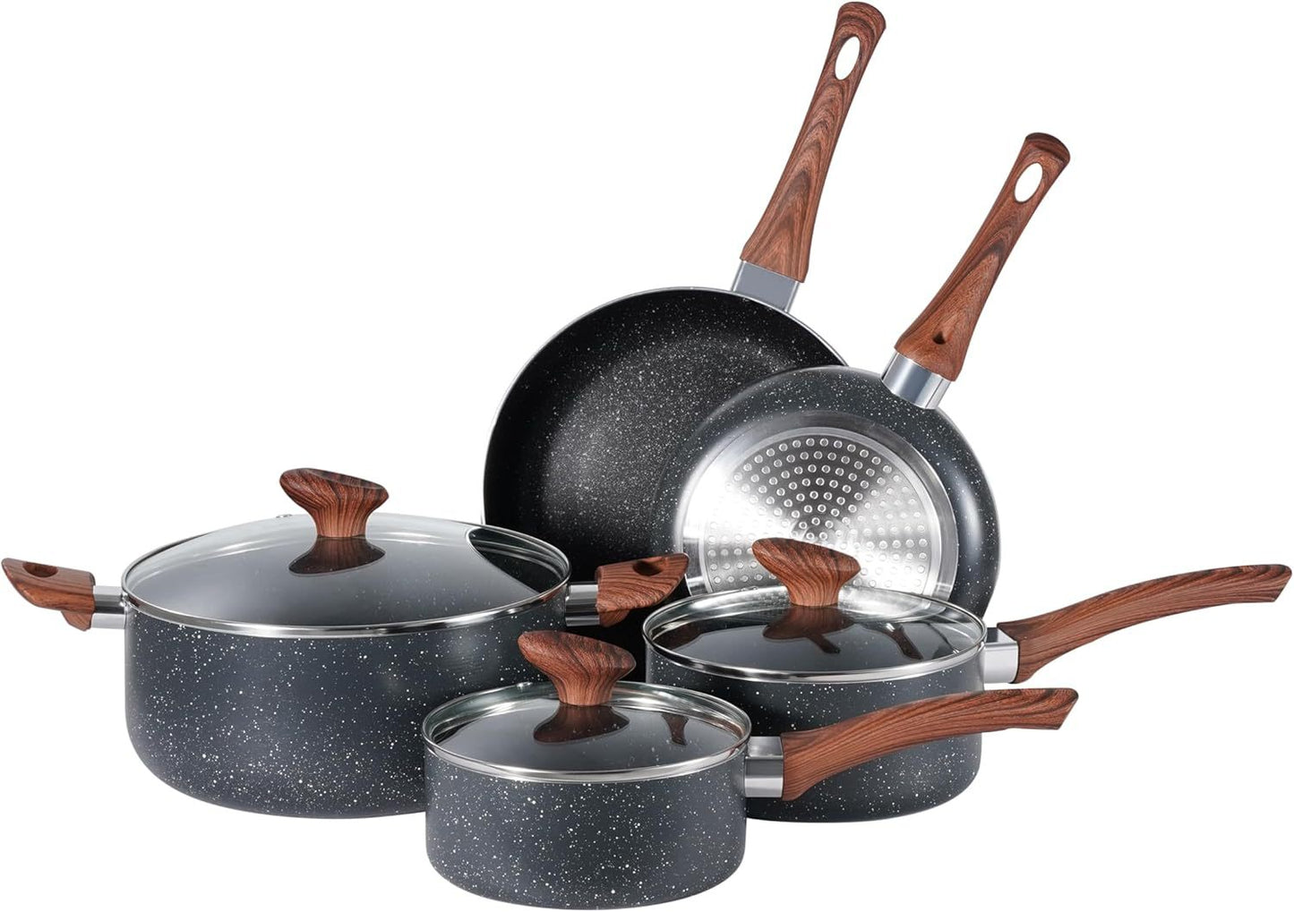 Marble Grey 8pcs Non Stick Cookware Set Cooking Pot Frying Pan Saucepan With Lids