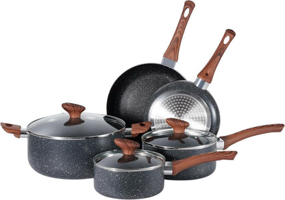 Marble Grey 8pcs Non Stick Cookware Set Cooking Pot Frying Pan Saucepan With Lids