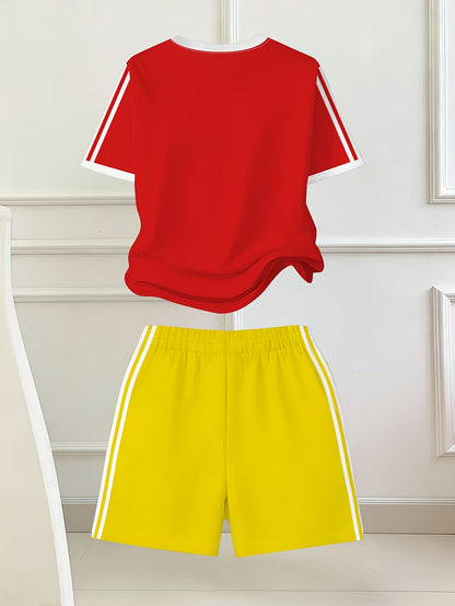 2pcs Set, Easy Bow Print Short Sleeve T-Shirt And Shorts Set, Star Style, Suitable for Spring And Summer, Back-To-School Outfit, Y2K Fashion, Campus Activities, Comfortable Casual, Fashionable And Playful, Hippie Style, Retro Sweet American Style