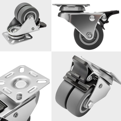4pcs Casters Wheels 5.08 cm Heavy Duty Swivel Soft Rubber Roller with Brake for Platform Trolley Furniture Wheels