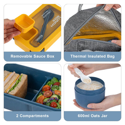 Bento box lunch set, leak proof meal preparation container, with insulated lunch bag and utensils, portable school office picnic travel lunch box