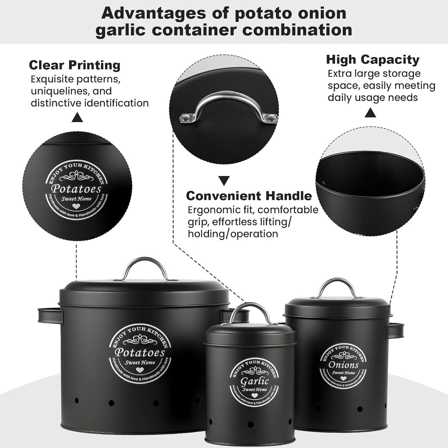 Retro Canister Set of 3 – Potato, Onion, Garlic Storage Containers – Stylish Metal Tins for Kitchen Pantry – Fresh Vegetable Keeper