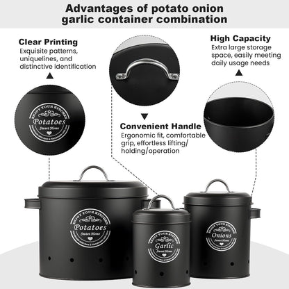 Retro Canister Set of 3 – Potato, Onion, Garlic Storage Containers – Stylish Metal Tins for Kitchen Pantry – Fresh Vegetable Keeper