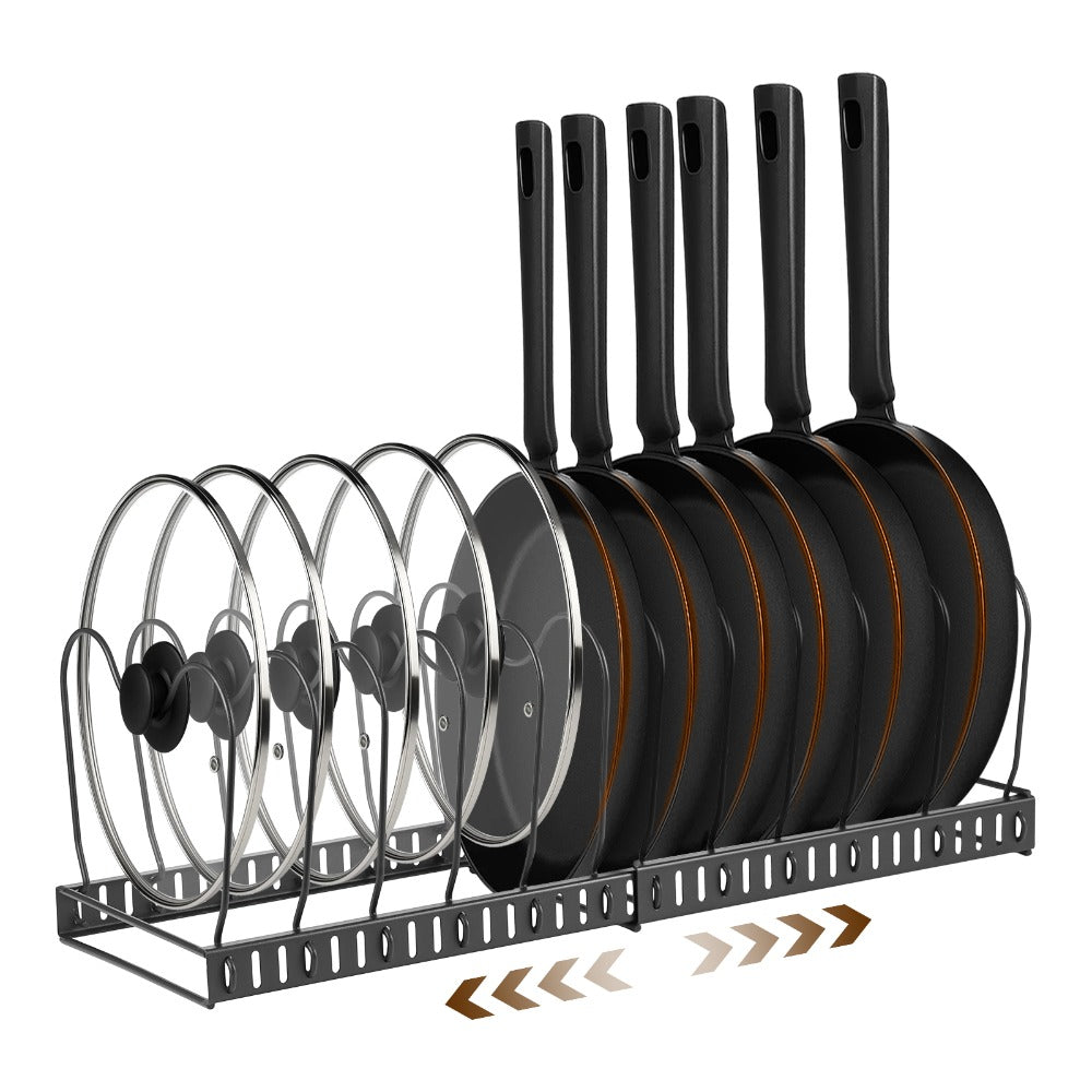 1 Set Pot and Pan Organizer Rack with 10 Adjustable Dividers – Expandable Kitchen Cabinet Storage for Lids, Dishes, Cookware – Bakeware Rack for RV & Home