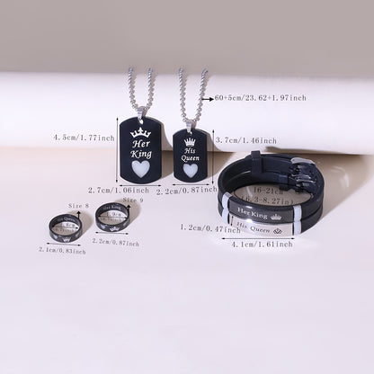 Stainless Steel 6pcs Set Glow-in-the-Dark Heart Crown "Her King His Queen" Couple Necklace Bracelet Ring Set, Women's Fashion Love Promise Gift Jewelry