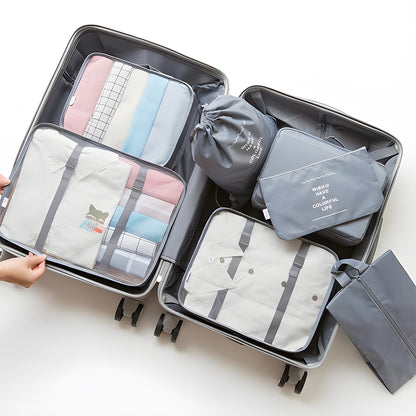 Packing Cubes Set of 7 for Suitcase – Travel Organiser Bags for Clothes, Shoes, Toiletries & Accessories, Oxford Fabric Luggage Sorting Pouches for Holiday & Business Travel in Grey, Pink, Blue & Beige