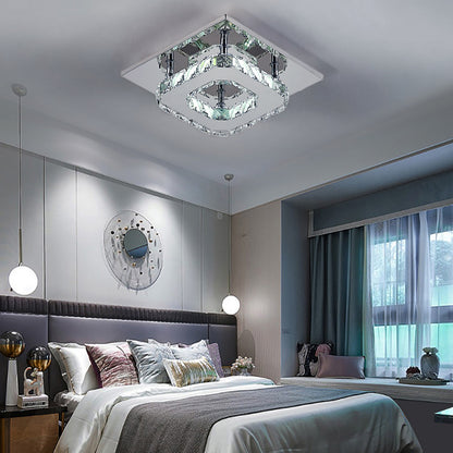 Contemporary Mini Crystal Chandelier, Square Single-layer LED Crystal Ceiling Light, Plain Crystal Ceiling Lighting Chrome Crystal Pendant, 12W 6000K Cold White Light, for Living Room Kitchen Office Bedroom Dining Room Island, 21*21cm/ 8.27*8.27inch.