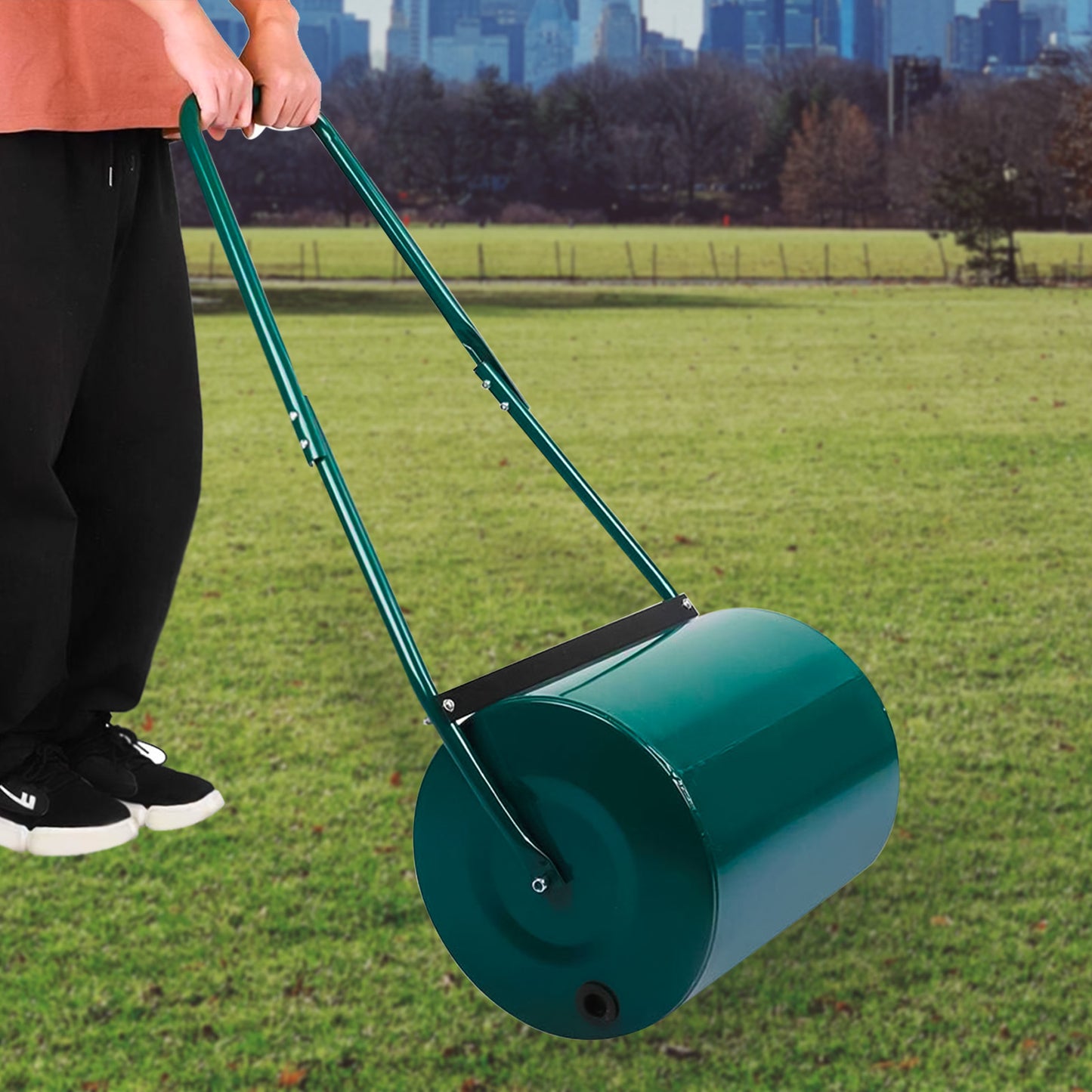 Heavy Duty Garden Grass Lawn Roller - Large Water or Sand Filled Drum, Galvanized Steel Construction, Scraper Bar & Collapsible Handle for Levelling Uneven Ground - Green