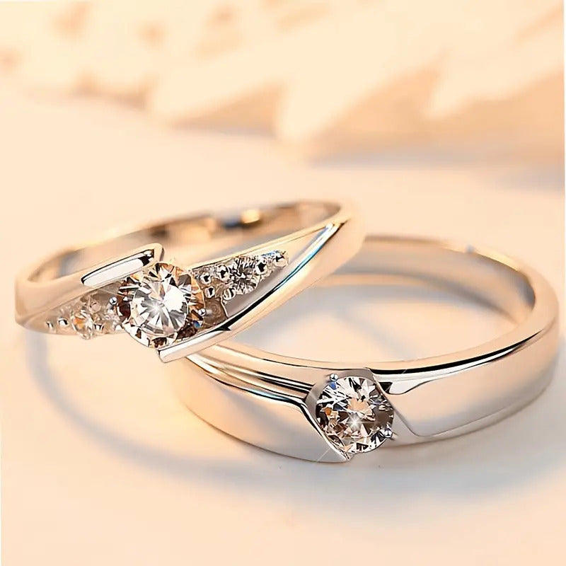2pcs 925 Sterling Silver (Total Weight of Product 5.35G) Synthetic Zirconia Couple Rings, Engagement And Wedding Proposal, Valentine'S And Anniversary Gift, 925 Silver Plated Romantic Fashion Couple Rings