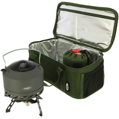 NGT Brew Kit Bag | Insulated Compact Fishing Brew Carryall | Green Polyester with Mesh Pockets | Portable Handles for Anglers