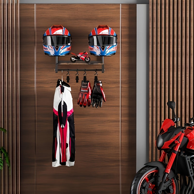[Wooden Display Rack] Durable Wooden Wall-Mounted Motorcycle Helmet & Gear Display Rack with Key Holder*1 And Hooks