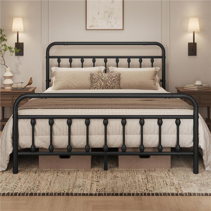 Costoffs Metal Bed Frame, Metal-Framed Bed, Bed Foundation, Metal Platform Bed, Vintage Iron Platform Bed with High Headboard and Footboard, Sturdy Iron Bed, Single/Double/King, White/Black/Pink