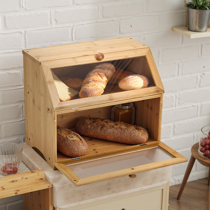 Bamboo Bread Bin with Transparent Window, 2-Layer, Bread Box Large Capacity Bread Storage for Kitchen, Kitchen Countertop Bread Box for Bread, Sushi, Pastries, Biscuits, Breakfast, Natural/ Black, 15.55*9.84*12.60 Inch