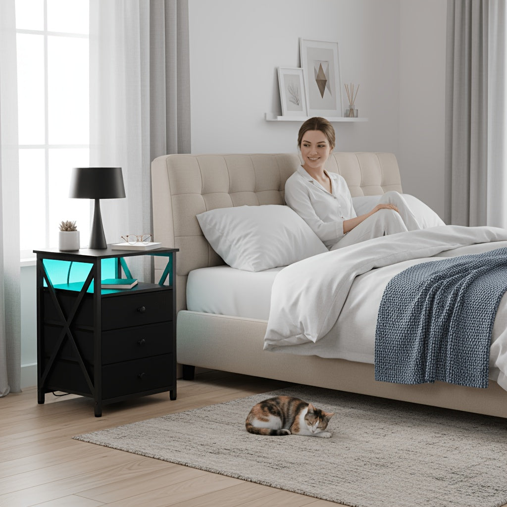 AMHANCIBLE 1/2pcs Nightstand, Side Table With LED Light And Charging Station, Nightstand With USB Port And Socket, Nightstand With 3 Fabric Drawers For Bedroom, Living Room, Sofa Side Table, Nightstand