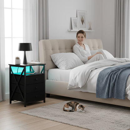 AMHANCIBLE 1/2pcs Nightstand, Side Table With LED Light And Charging Station, Nightstand With USB Port And Socket, Nightstand With 3 Fabric Drawers For Bedroom, Living Room, Sofa Side Table, Nightstand
