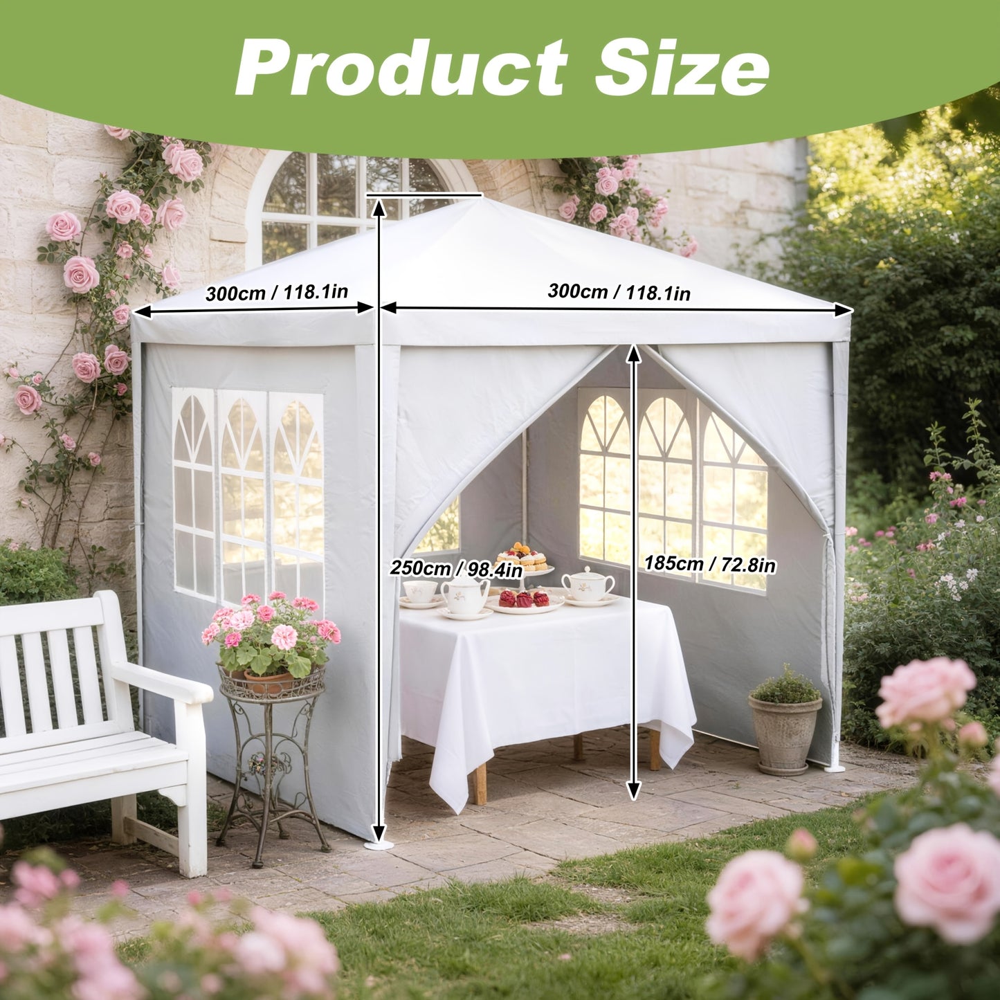 Garden Gazebo, Party Tent with 4 Removable Side Panels, Sun And UV Protection, Suitable for Outdoor Parties, Weddings, Garden Parties, Picnics, 3X3 Meters