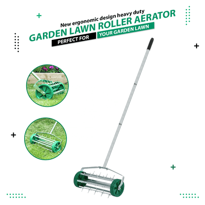 Manual Grass Spikes Roller, Garden Rolling Lawn Aerator with 3pcs Removable Metal Handle, Heavy Duty Outdoor Garden Lawn Tool, Green