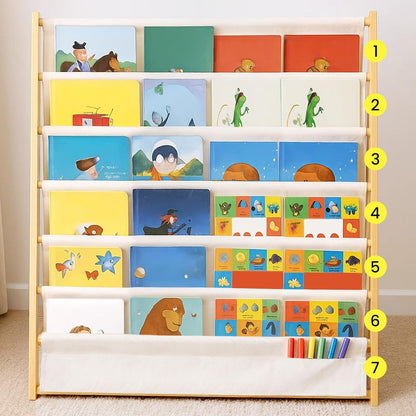 7-Tier Fabric Bookshelf with Deep Pockets, Wood Frame Standing Book Rack, Space-Saving Display Storage for Books, Magazines & Albums, Home and Office Organiser