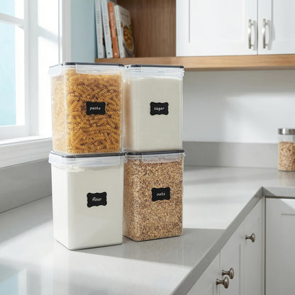 4 Pack Sealed Jars, Large Food Storage Containers, Plastic Airtight Canisters For Flour, Sugar, Baking Supplies, Pasta, Rice With Lids, 4 Measuring Cups And 24 Labels, Black