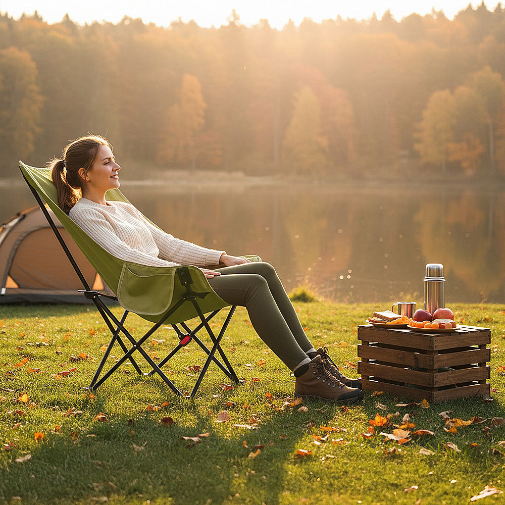 Portable High-Back Moon Chair (Three-Position Adjustment) Seat or Recline, Side Storage Pocket,Foldable Outdoor Chair Camping Picnic Lounger, Midday Rest Fishing Chair, Garden Seat Three Colours Available (Complimentary Storage Bag)