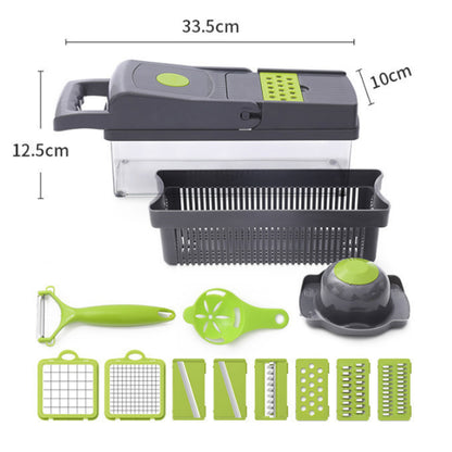 15-in-1 Fruit & Vegetable Grater Set - Kitchen Multi-Tool with 8 Interchangeable Blades (Gray Green) - Includes Dicer/Shredder/Slicer Functions