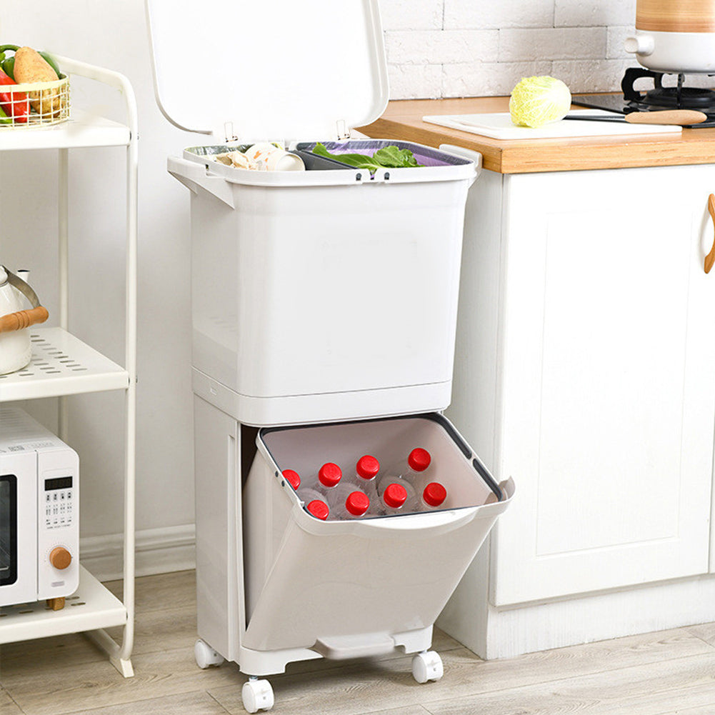 Large Capacity 38L Rolling Office Trash Bin, Dual Compartment Waste Bin for Wet & Dry Separation, Mobile Office & Living Room Rubbish Bin, Sturdy Plastic, local warehouse