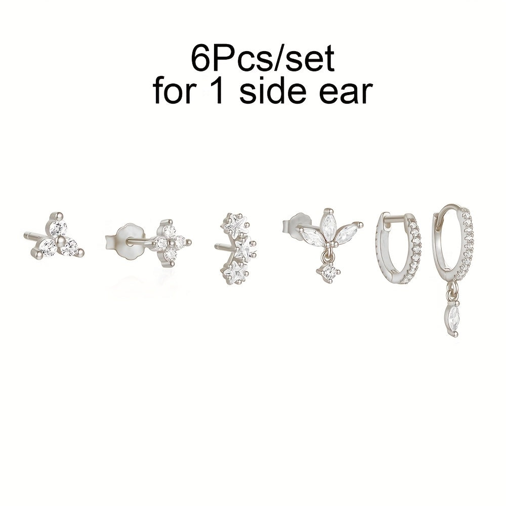 6pcs 18K Gold Plated Cubic Synthetic Zirconia Earrings for women - Cubic Synthetic Zirconia Flower Earrings with Hoop & Dangle, Wedding & Party Jewelry, 6pcs Year-Round Wear, Cute Minimalist CZ Accessories (Studs & Hoops) 6pcs-Set